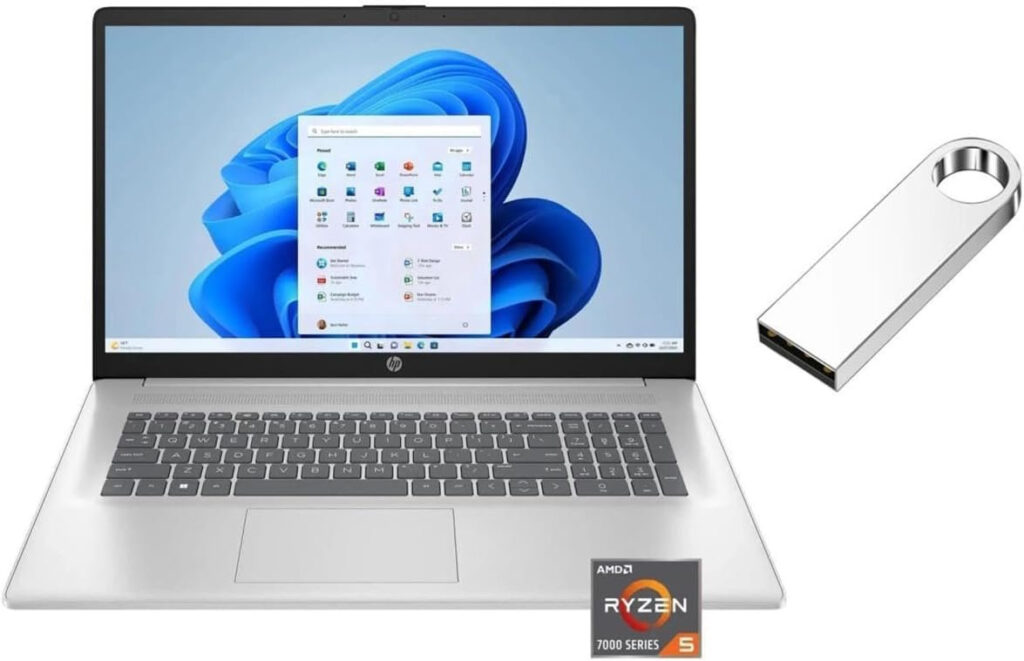 HP 17.3 Full HD Laptop with AMD Ryzen 5 7430U, 16GB RAM, 512GB SSD, Windows 11 S & 64GB USB Flash Drive Bundle