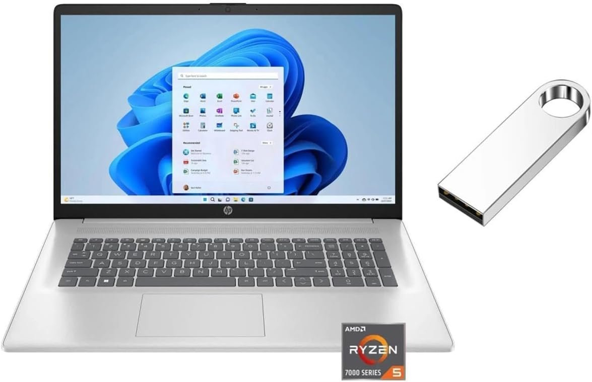 HP 17.3" Full HD Laptop with AMD Ryzen 5 7430U, 16GB RAM, 512GB SSD, Windows 11 S & 64GB USB Flash Drive Bundle