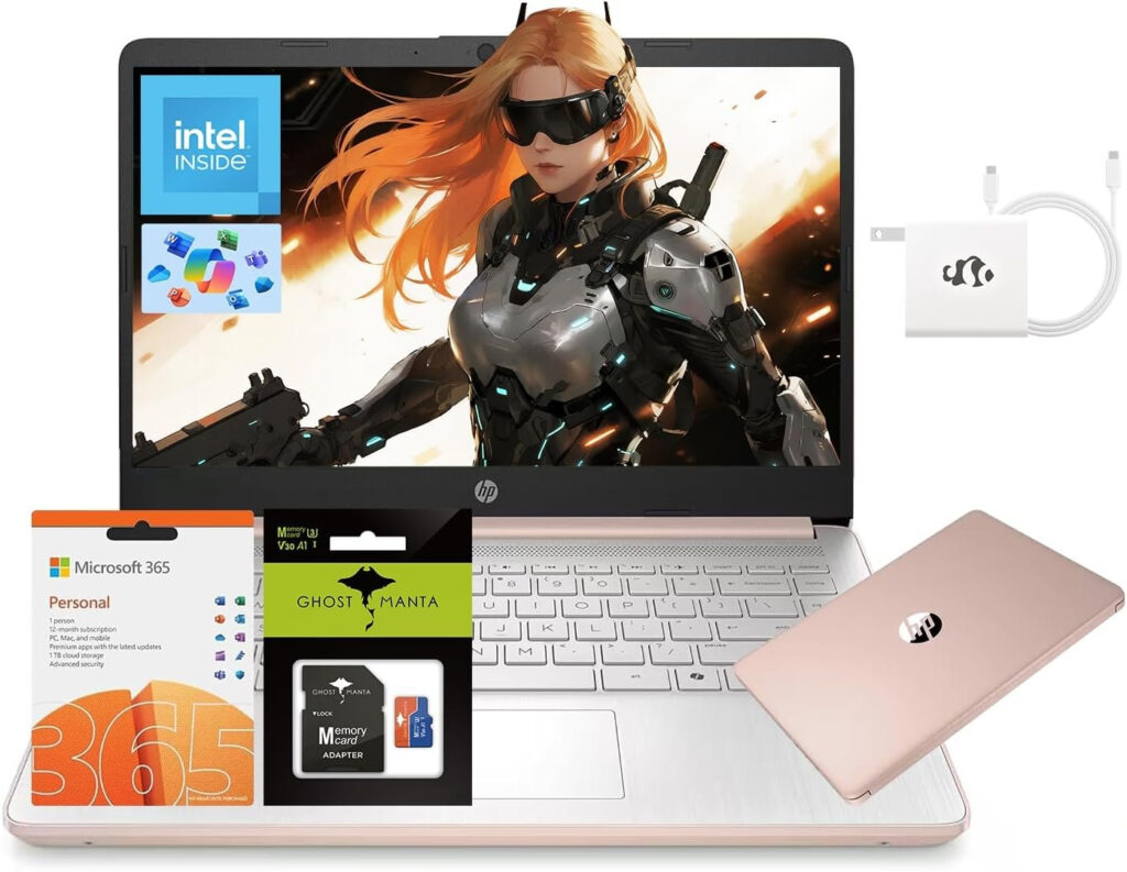 HP 14" Laptop, Intel Processor N150 (Beat i3) 16GB RAM 256GB Storage(128GB UFS + 128GB SD Card) 1-Year Office 365 Copilot AI Win11 WiFi6 Laptops-Computer for Business Student w/GM Accessory