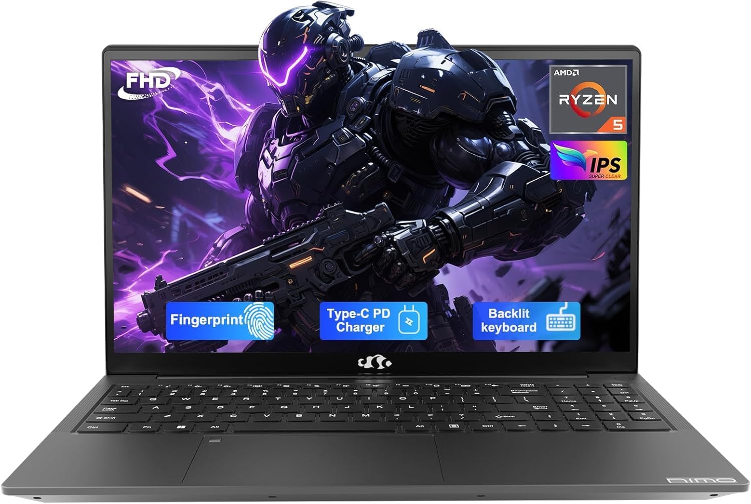 NIMO 15.6'' IPS FHD Laptop - AMD Ryzen 5, 8GB RAM, 256GB SSD, Backlit Keyboard, Fingerprint, 2 Years Warranty
