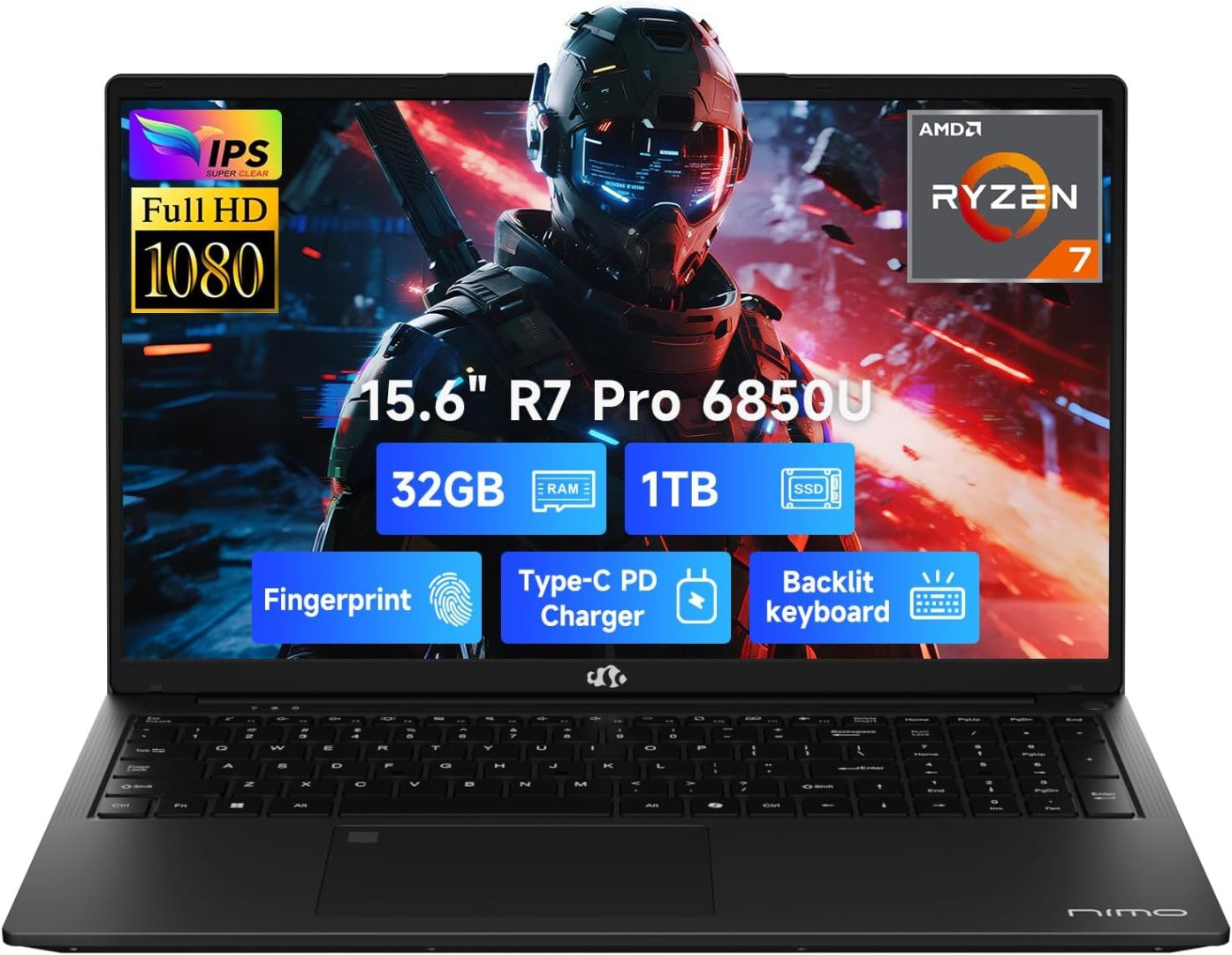 NIMO 15.6" IPS FHD Business Laptop - AMD Ryzen 7 Pro 6850U, 32GB RAM, 1TB SSD, Radeon 680M, Perfect for Content Creators & Students, 2 Yr Warranty