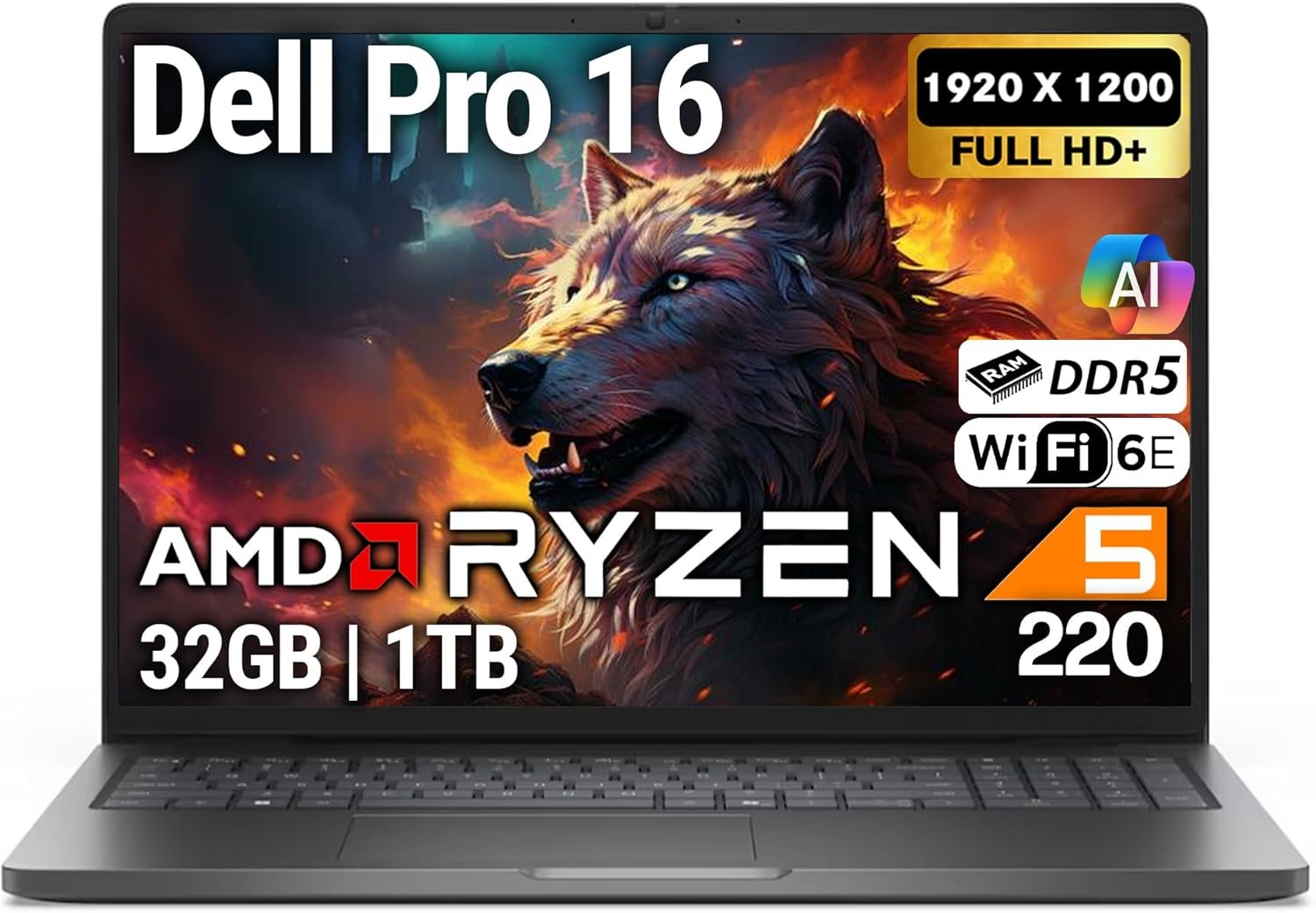 Dell Pro 16 FHD Business Laptop: AMD Ryzen 5, 32GB DDR5 RAM, 1TB SSD, Windows 11 Pro