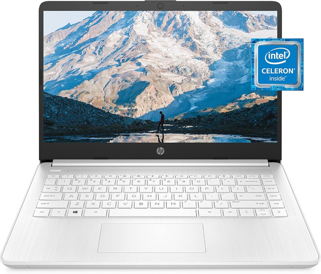 HP 14 Laptop with Intel Celeron N4020, 4GB RAM, 64GB Storage, 14 HD Display, Windows 11, Thin & Portable – Snowflake White