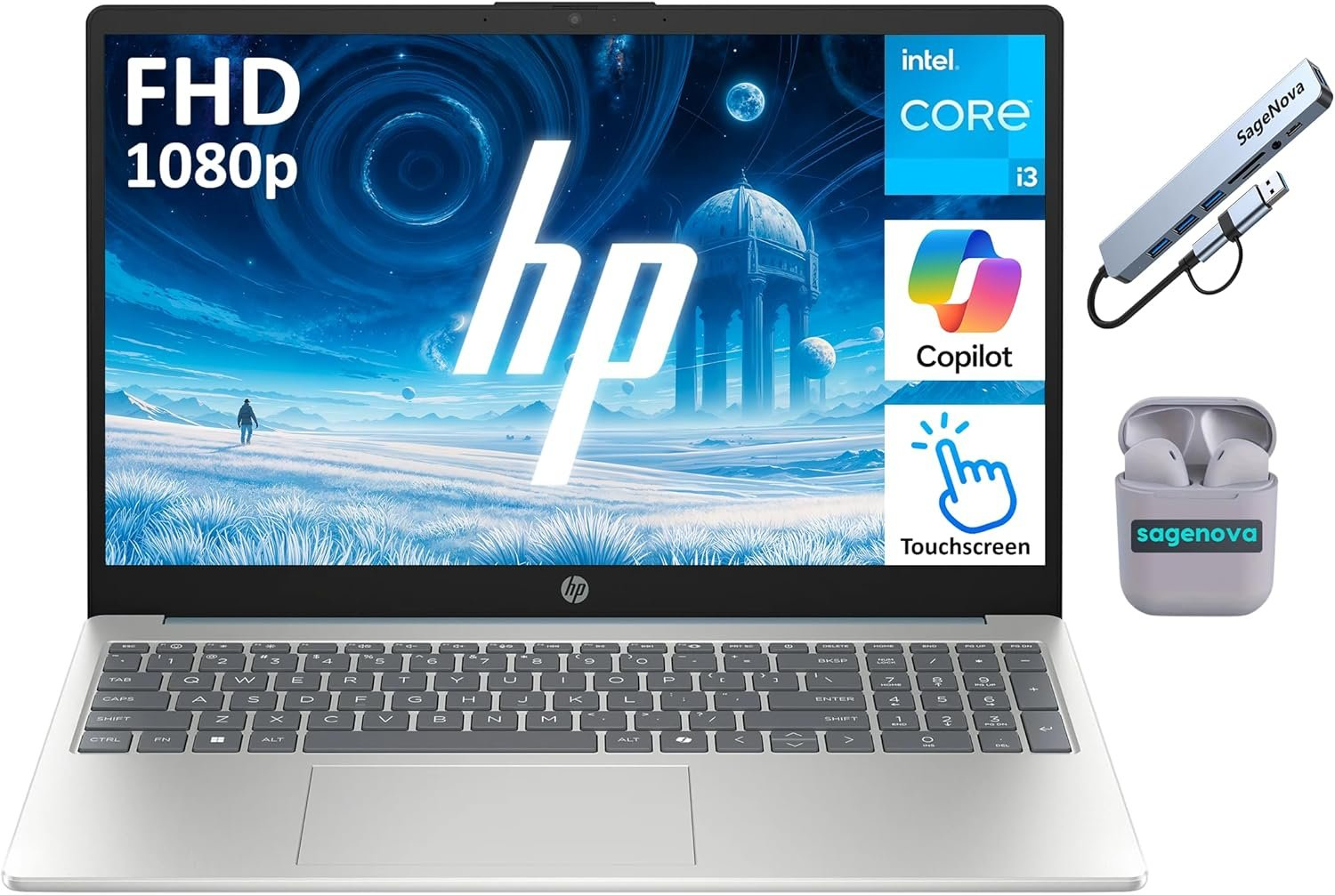 HP 15.6" FHD Touchscreen Laptop with 16GB RAM, 512GB Storage, Intel i3, Windows 11 & Copilot AI - Includes SageNova Earphones, Moonlight Blue